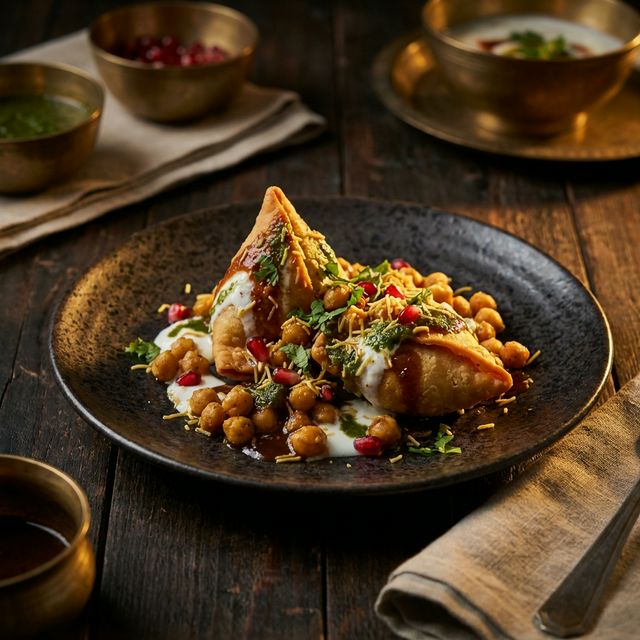 Samosa chaat appetizer — Indian cuisine at Spice Fusion